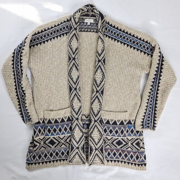 Lucky Brand Southwestern Cream Blue Knit Longline Front Pocket Cardigan - Picture 2 of 8